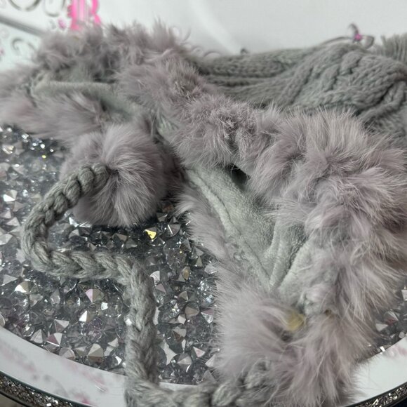 Hat trapper Gray Knit Pom Pom Hat rabbit Fur Trim main image 3